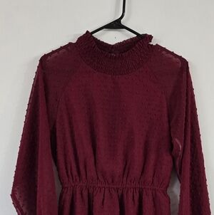 JJ's Elegant burgundy midi Textured dress with Long sleeves with gathered waist